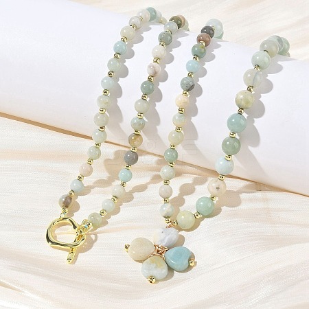 Saint Patrick's Day Natural Flower Amazonite Clover Pendant Round Beaded Necklaces with Brall Heart OT Clasps NJEW-G202-02G-03-1