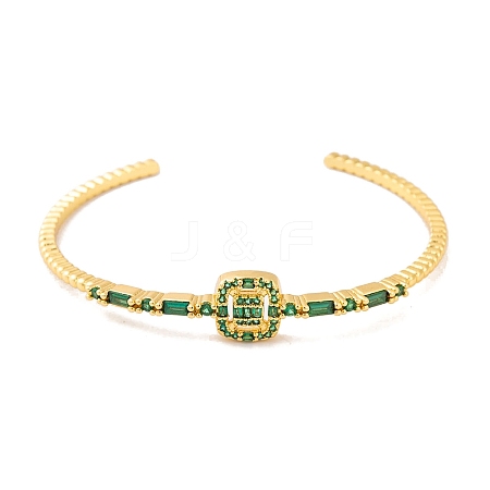 Brass Pave Green Glass Open Cuff Bangles for Women BJEW-S147-15G-C-1