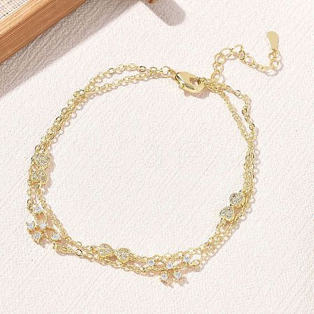 Brass Micro Pave Clear Cubic Zirconia Bowknot Link 2-Strand Bracelets KK-CBA6980-19G-1