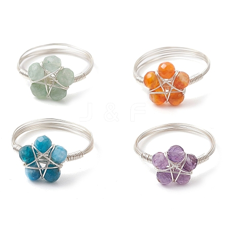 Flower Natural Green Aventurine & Carnelian & Amethyst & Apatite Finger Rings RJEW-TA00158-1