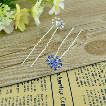 Lady's Hair Accessories Silver Color Plated Iron Rhinestone Flower Hair Forks PHAR-S185-05-1