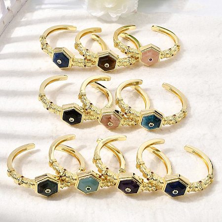 Hexagon Brass Pave Natural Gemstone & Cubic Zirconia Cuff Bangles for Women BJEW-Z172-01G-1
