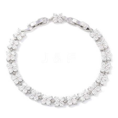 Noble Gift Ideas for Lady Platinum Tone Brass Micro Pave Cubic Zirconia CZ Flower Link Chain Bracelets BJEW-L472-01-1-1