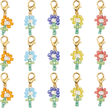 SUNNYCLUE 30Pcs Dyed Synthetic Turquoise & Glass Seed Beaded Flower Pendant Locking Stitch Markers HJEW-SC0001-55-1