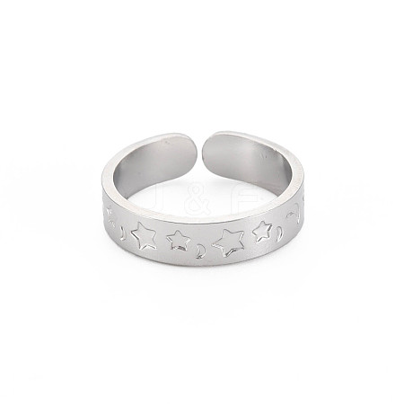 Non-Tarnish 304 Stainless Steel Moon and Star Open Cuff Ring for Women RJEW-S405-240P-1