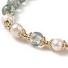 Imitation Green Quartz Glass & Natural Pearl & Brass Flower Beaded Stretch Bracelet for Women BJEW-JB09006-4