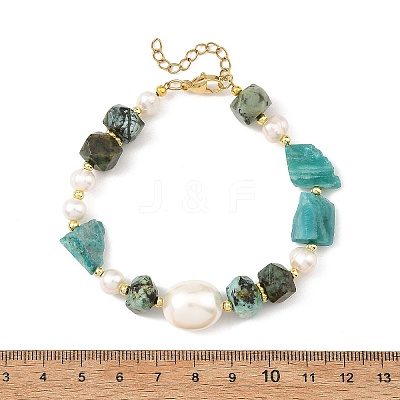 Raw Rough Natural Amazonite & African Turquoise(Jasper) & Pearl Beaded Bracelets BJEW-JB14442-1