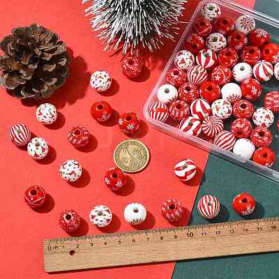 60Pcs 10 Styles Christmas Printed Schima Wood European Beads WOOD-FS0002-48-1