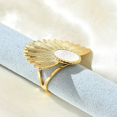 Flower 304 Stainless Steel White Shell Finger Rings for Women RJEW-G346-11G-02-1