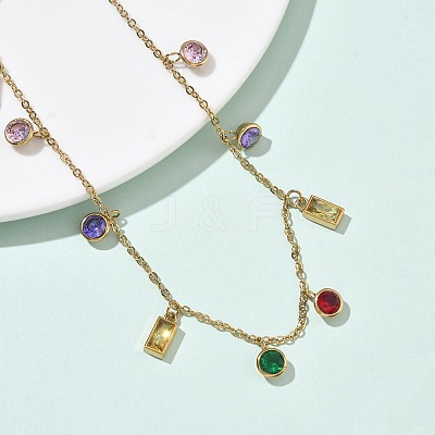 304 Stainless Steel Pave Colorful Cubic Zirconia Flat Round Rectangle Pendant Bib Necklaces NJEW-C114-03G-1