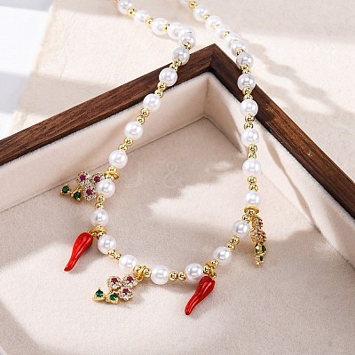 Brass Micro Pave Clear Cubic Zirconia Beaded Necklaces NJEW-Z059-06G-01-1
