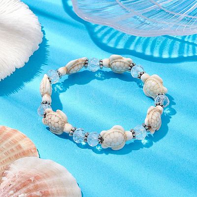 Summer Beach Turtle Synthetic Turquoise & Faceted Glass Beaded Stretch Bracelets for Women Men BJEW-JB10453-1