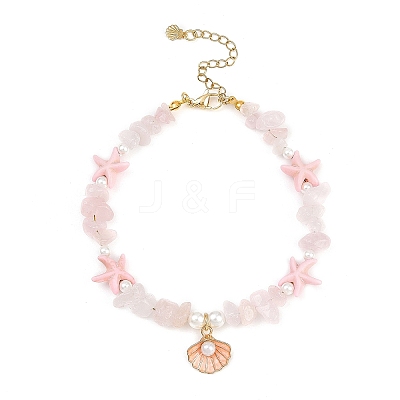 Zinc Alloy Enamel Shell Shape Charm Round Shell Pearl & Dyed Synthetic Turquoise Starfish & Natural Rose Quartz Chip Beaded Anklets AJEW-AN00735-03-1