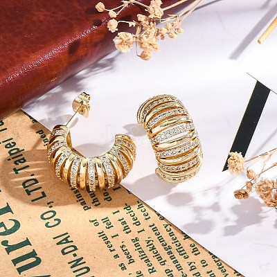 Rack Plating C-shaped Brass Micro Pave Clear Cubic Zirconia Stud Earrings for Women EJEW-C125-25G-1