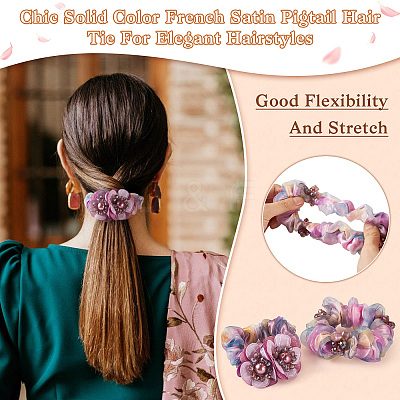 2Pcs 2 Colors Chic Solid Color French Satin Pigtail Hair Tie for Elegant Hairstyles OHAR-TA0001-10B-1