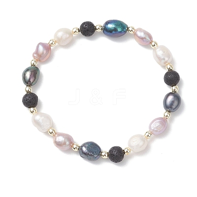Natural Cultured Freshwater Pearl & Lava Rock Beads Stretch Bracelets for Women BJEW-JB12867-1