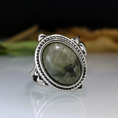 Oval Zinc Alloy Natural Labradorite Finger Rings WG970F5-05-1