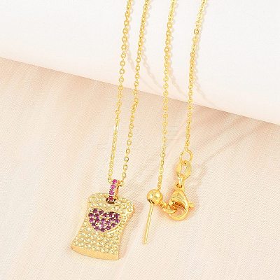 Brass Micro Pave Cubic Zirconia Rectangle with Heart Pendant Adjustable Slider Necklaces KK-CBA4547-08G-05-1