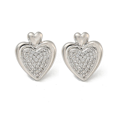Heart Brass Pave Clear Cubic Zirconia Stud Earrings for Women EJEW-N054-39P-1