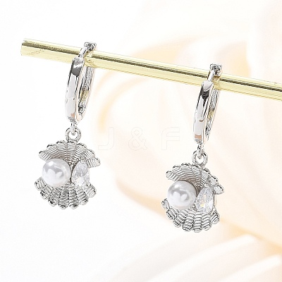 Shell Shape Brass Micro Pave Cubic Zirconia Hoop Earrings EJEW-M077-05P-1