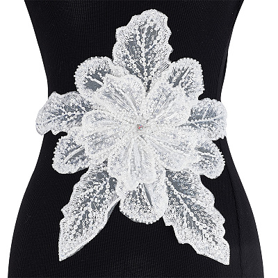 3D Flower Glass Beaded Gauze Cloth Sew on Appliques PATC-WH0008-93A-1