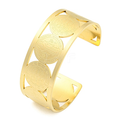 304 Stainless Steel Wide Hollow Saint Benedict Medal Open Cuff Bangles BJEW-S154-01G-1