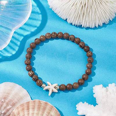 Summer Beach Starfish Dyed Synthetic Turquoise & 6mm Round Wenge Wood Beaded Stretch Bracelets for Women BJEW-JB10514-02-1