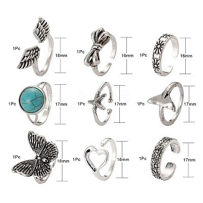 9Pcs 9 Style Adjustable Alloy Finger Rings RJEW-LS0001-15AS-1