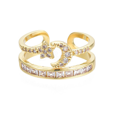 Cubic Zirconia Moon and Star Open Cuff Ring RJEW-N035-113-1