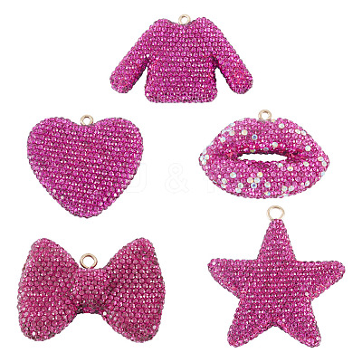 5Pcs 5 Styles Handmade Polymer Clay Glass Rhinestone Big Pendants RB-BT0001-04-1