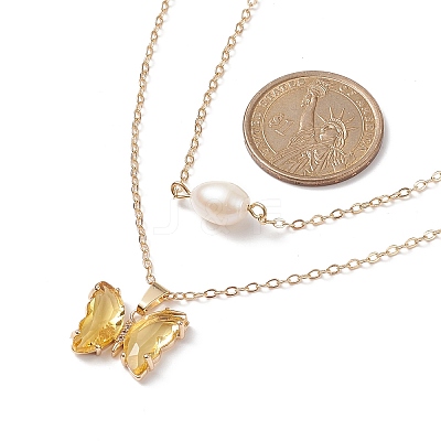 Glass Butterfly & Natural Pearl Pendants Double Layer Necklace with Clear Cubic Zirconia NJEW-TA00043-04-1