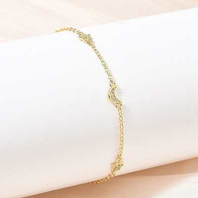 Brass Micro Pave Clear Cubic Zirconia Moon Star Link Chain Bracelets KK-CBA6980-28G-1