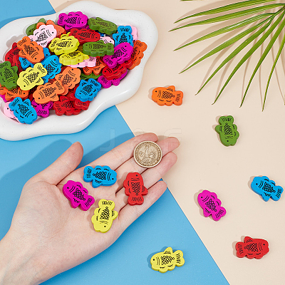 98Pcs 7 Colors Printed Wood Beads WOOD-SC0001-68-1