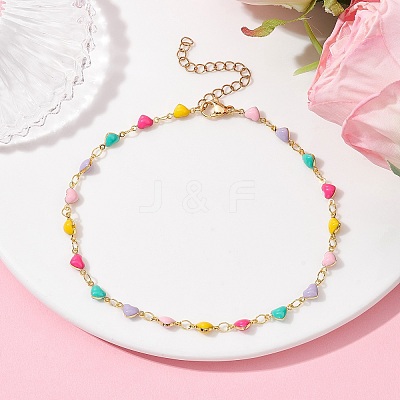 Brass Enamel Heart Link Chain Anklet AJEW-AN00552-1