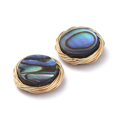 Abalone Shell/Paua Shell Copper Wire Wrapped Flat Round Cabochons PALLOY-JF00418-01-1