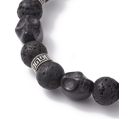 2Pcs 2 Styles Halloween Natural Lava Rock Round & Dyed Synthetic Turquoise Skull Beaded Stretch Bracelet Sets for Women Men BJEW-JB12251-1