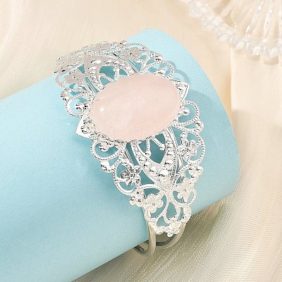 Oval Natural Mixed Stone Brass Hollow Floral Cuff Bangles for Women BJEW-JB14504-1