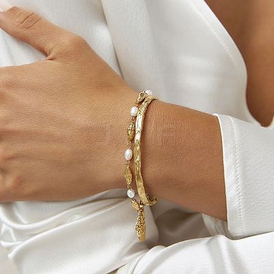 5.7MM 304 Stainless Steel Wave Textured Open Cuff Bangles for Women OV6378-1