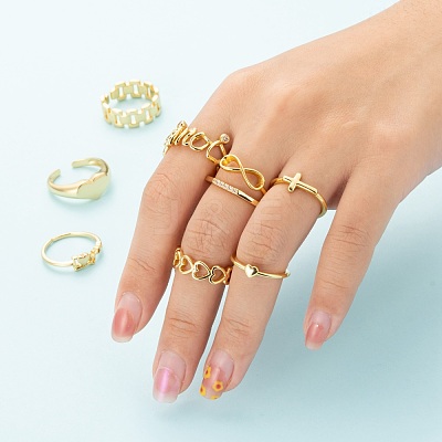 9Pcs 9 Style Brass Cuff Rings RJEW-LS0001-11G-1