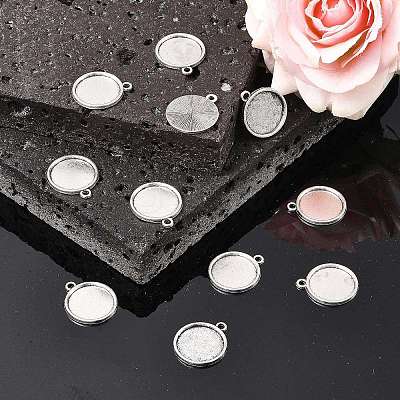 Tibetan Style Antique Silver Alloy Flat Round Pendant Cabochon Settings TIBEP-M022-28AS-1