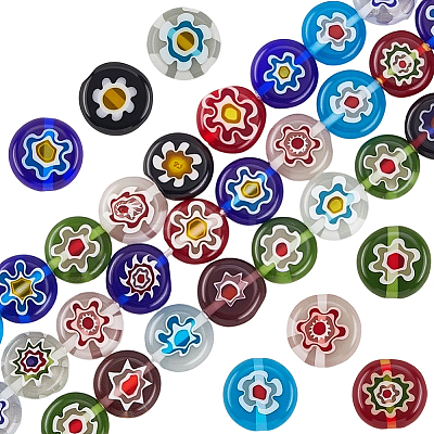 3 Strands Flat Round Handmade Millefiori Glass Beads Strands LAMP-LT0001-15C-1