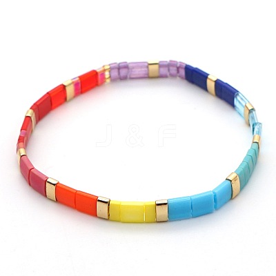 Bohemian Rainbow Glass Flat Double-Hole Bead Striped Women's Stretch Bracelets for Women QS8192-3-1