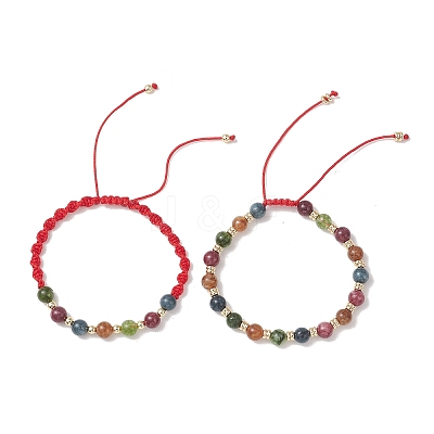 2Pcs Adjustable Natural Green Jade Imitation Tourmaline & Brass Beads Braided Bead Bracelets for Women BJEW-JB13542-02-1