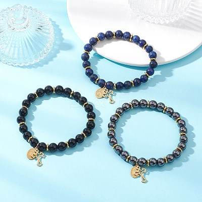 3Pcs Natural Lapis Lazuli & Eyeless Obsidian & Non-Magnetic Synthetic Hematite Beaded Stretch Bracelets BJEW-JB12895-1