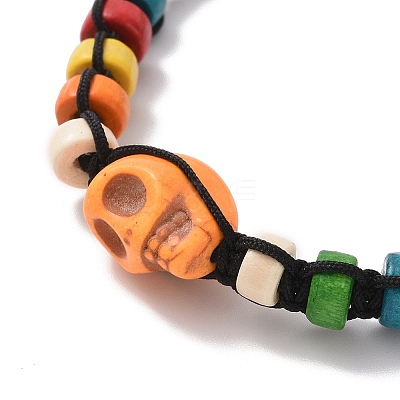 Synthetic Turquoise Skull & Wood Disc Braided Bead Bracelet for Halloween BJEW-TA00260-1