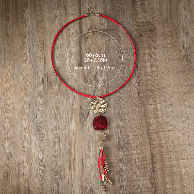 Alloy & Resin Flat Round Pendant Multi Layered Waxed Cord Y Necklaces for Women FS-WGE6F2E-01-1