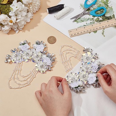 2Pcs Flower Polyester with Alloy wirh Glass with Plastic Ornament Accessories DIY-FG0006-69B-1