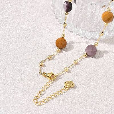 Natural Crazy Agate Faceted Flat Round Beaded Chain Necklaces with Matte Brass Beads GG-CBA37F5-01G-09-1