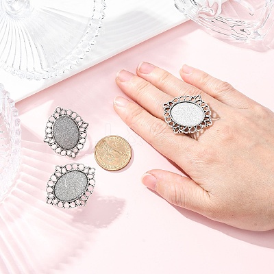 Vintage Adjustable Iron Flower Finger Ring Components Alloy Cabochon Bezel Settings PALLOY-O036-03AS-1