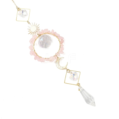 Sun Moon Ring Brass & Natural Rose Quartz Chip Suncatcher HJEW-JM05027-02-1